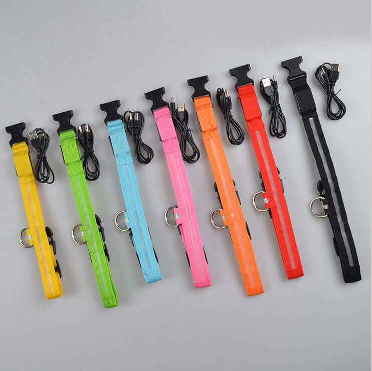 Various colors of LED Dog Collar Nylon Light Up safety collars for pets with charging cables.