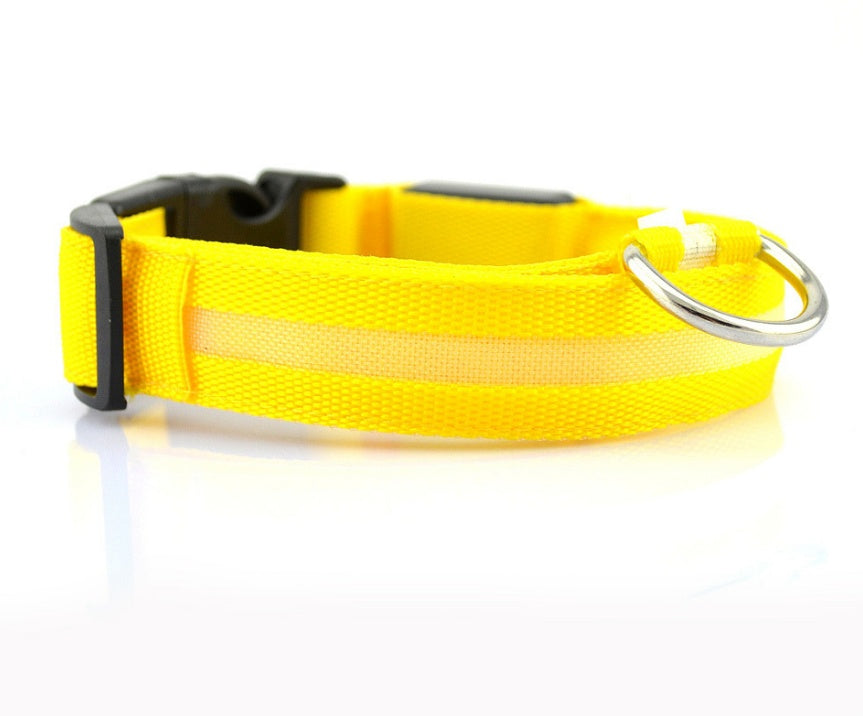 LED Dog Collar Nylon Light Up safety collar in yellow color for pets, featuring a durable nylon design.