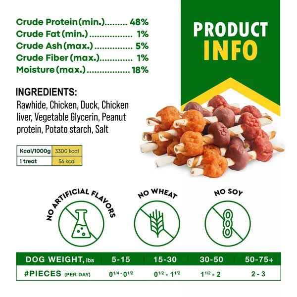 Organic Duck & Chicken Rawhide Dog Treats | Long-Lasting Grain-Free Chews