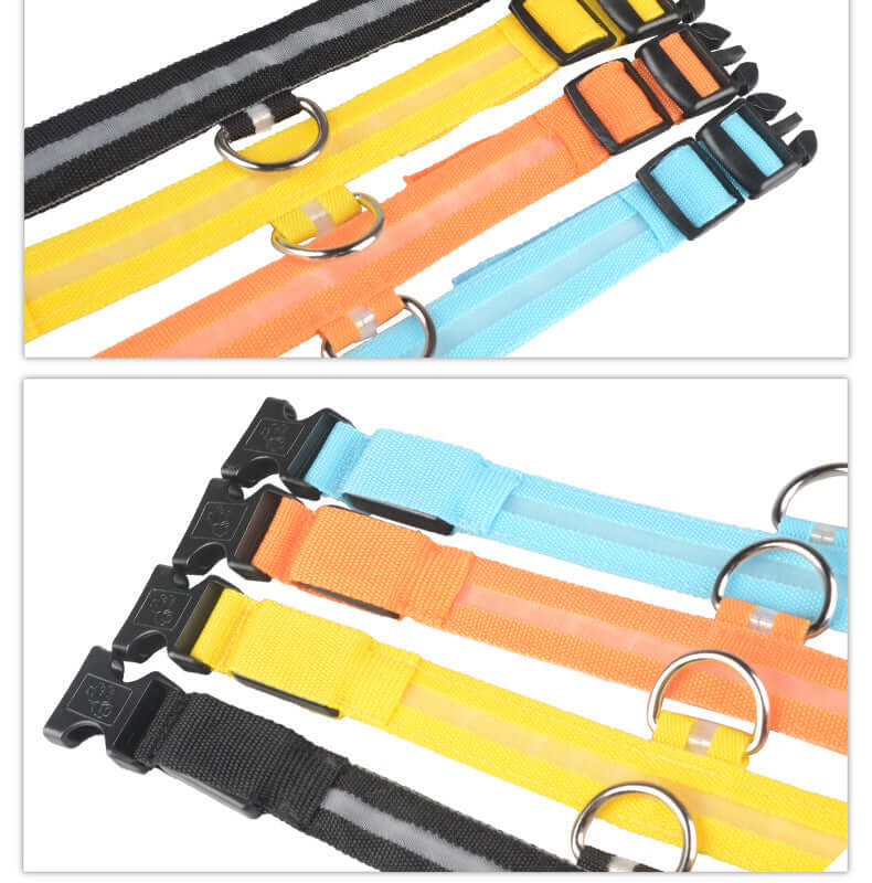 LED Dog Collar Nylon Light Up in various colors, including black, yellow, orange, and blue, showcasing durable design for pet safety.