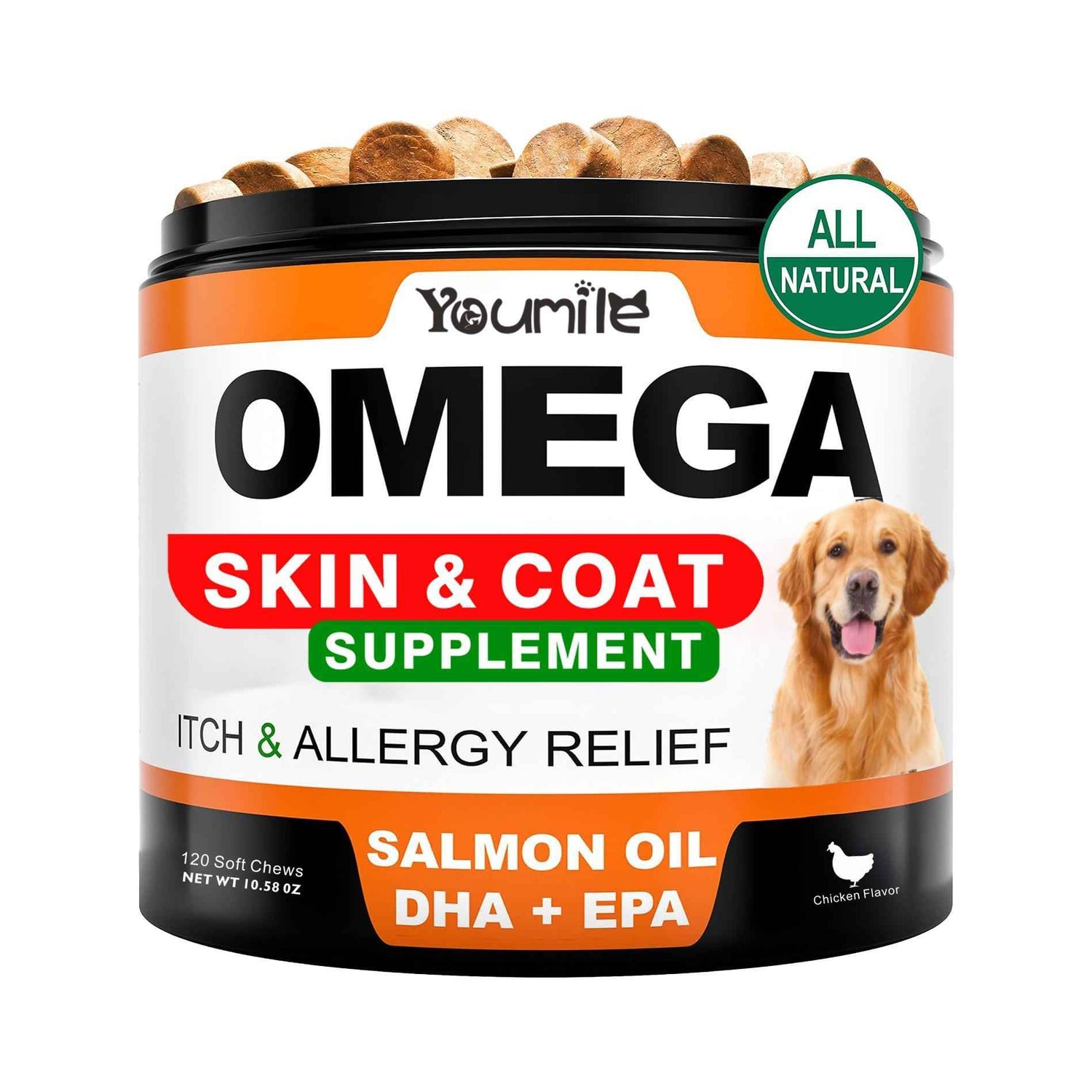 Omega-3 Fish Oil Dog Treats (120ct) | Allergy & Itch Relief Skin & Coat Supplement