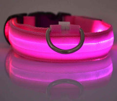 LED Dog Collar Nylon Light Up in vibrant pink with reflective lighting for pet safety during nighttime walks.
