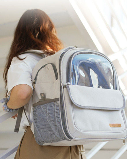 Breathable Transparent Pet Bag Space Capsule Cat School Dog Backpack worn by a person with a clear view of the pet compartment.