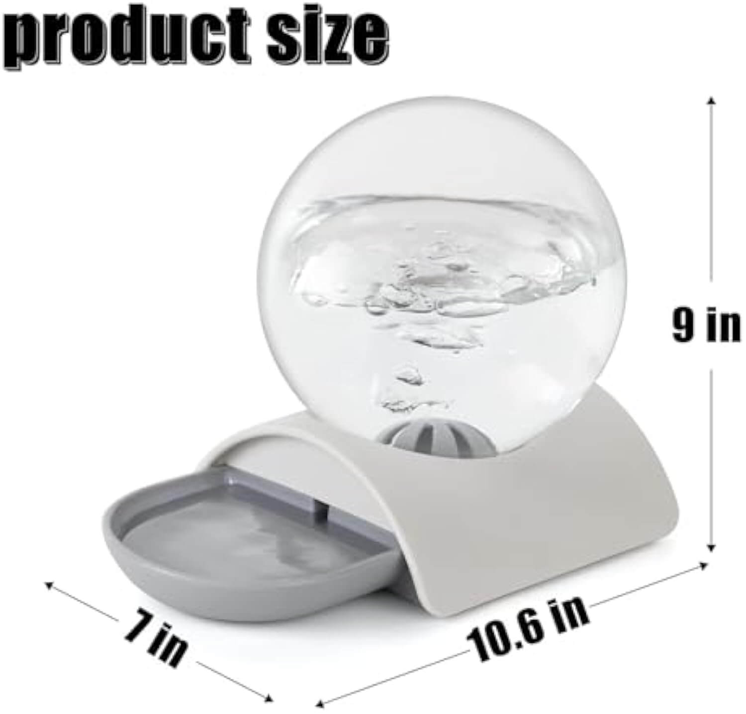 Pet Water Dispenser 2.8L showing product size dimensions: 9 inches height, 10.6 inches length, 7 inches width.