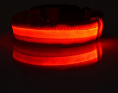 LED Dog Collar Nylon Light Up glowing in red, improving pet visibility for nighttime safety.