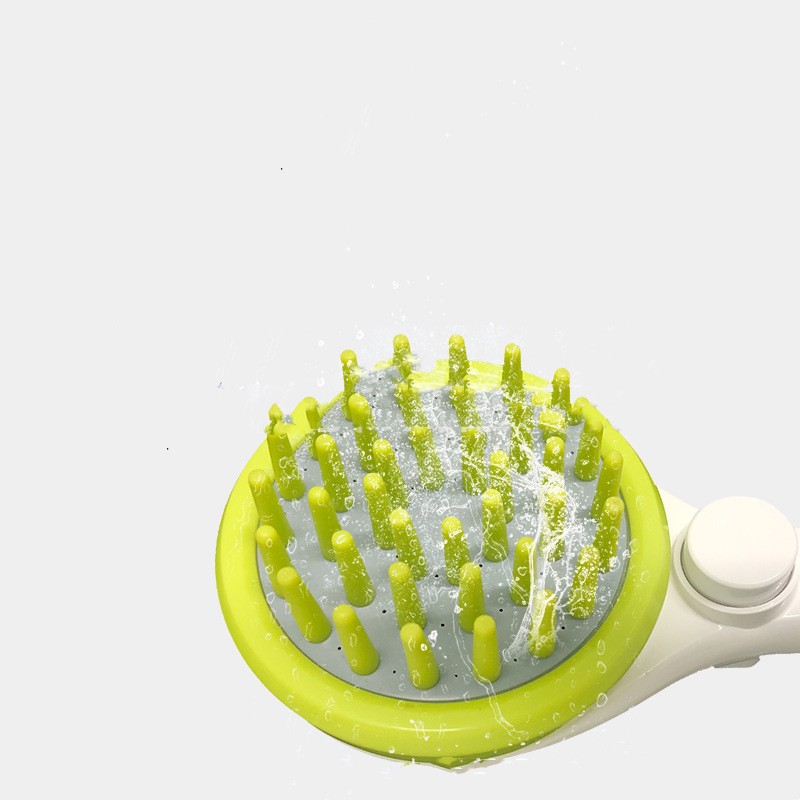 2-in-1 dog bath brush with shower head featuring water spray and massage bristles in bright green