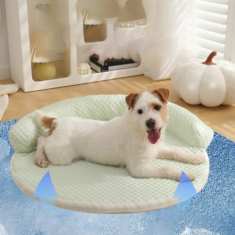Cooling Dog Bed - Summer Dog Cat Cooling Mat in white color displayed on a couch pets lying on.