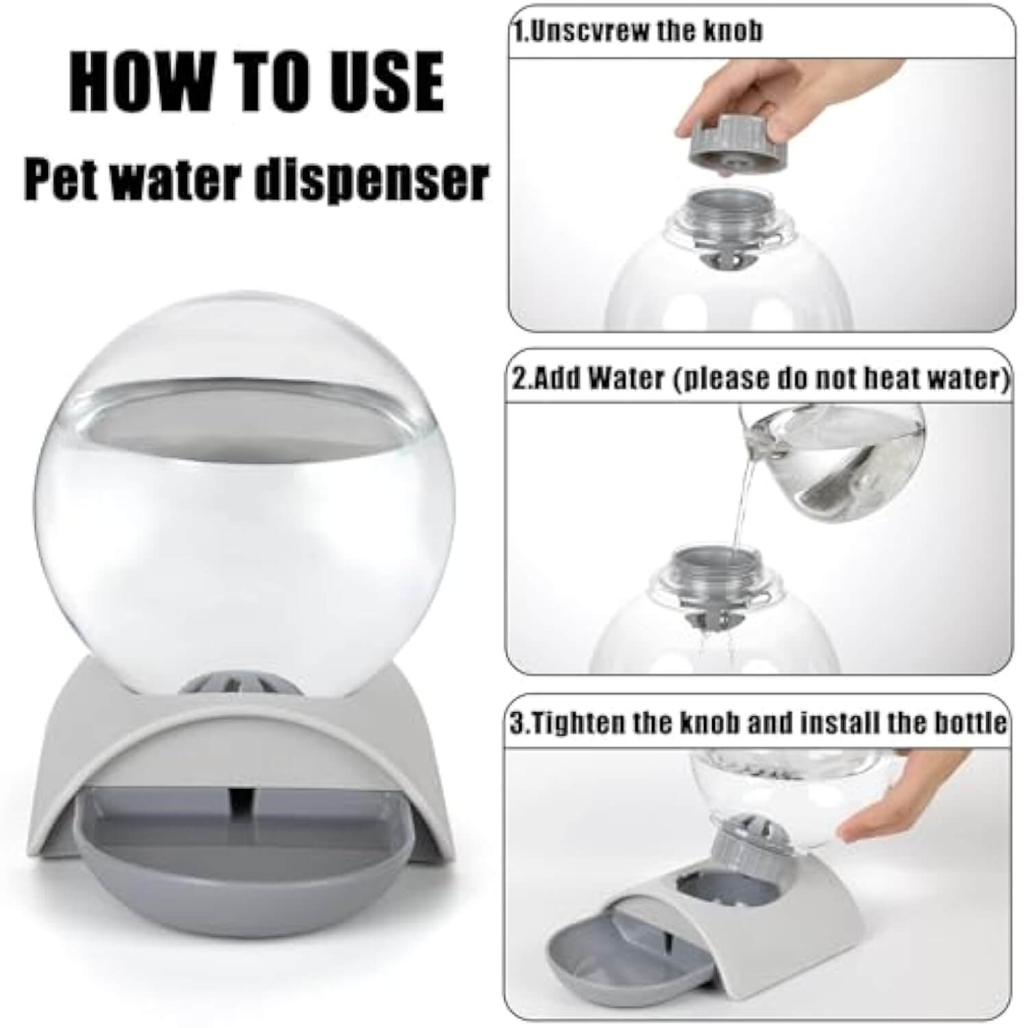 How to use Pet Water Dispenser 2.8L: Unscrew knob, add water, tighten knob and install bottle.
