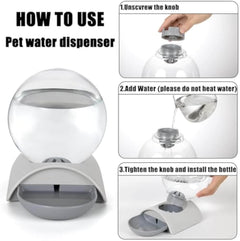 How to use Pet Water Dispenser 2.8L: Unscrew knob, add water, tighten knob and install bottle.