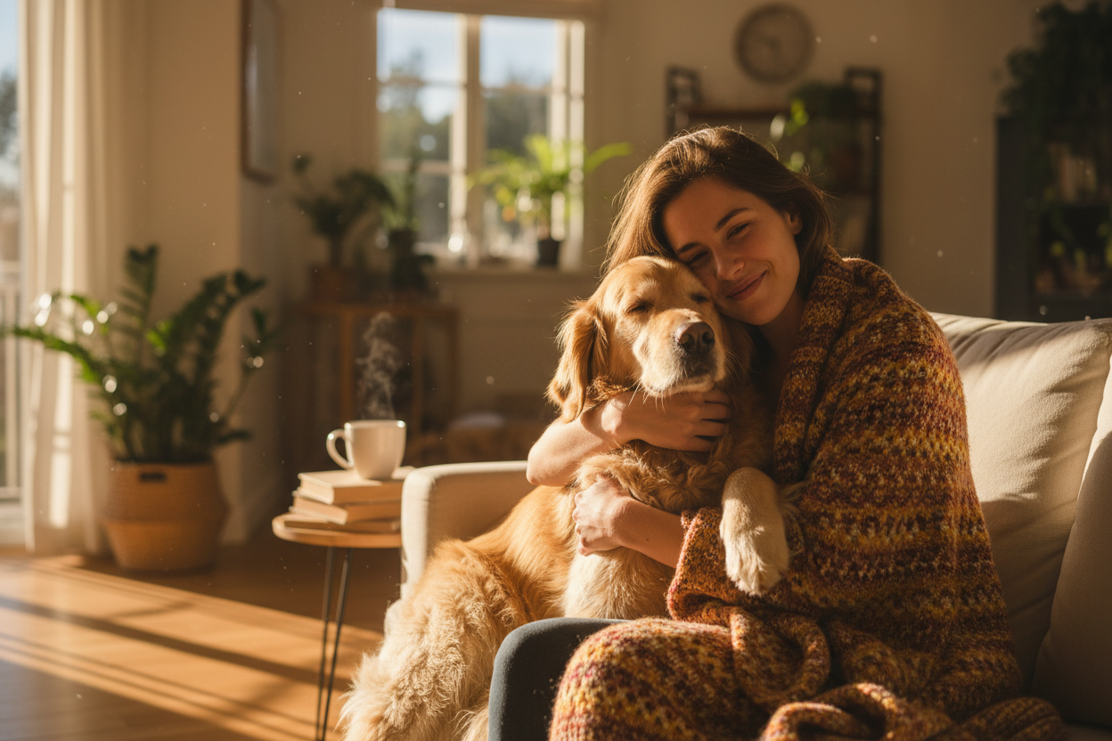Realistic Owner cuddling a pet, Natural light, warm tones